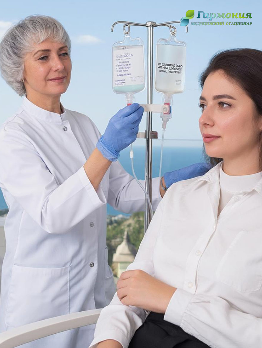 Врач и пациент с капельницей на фоне берега Актобе