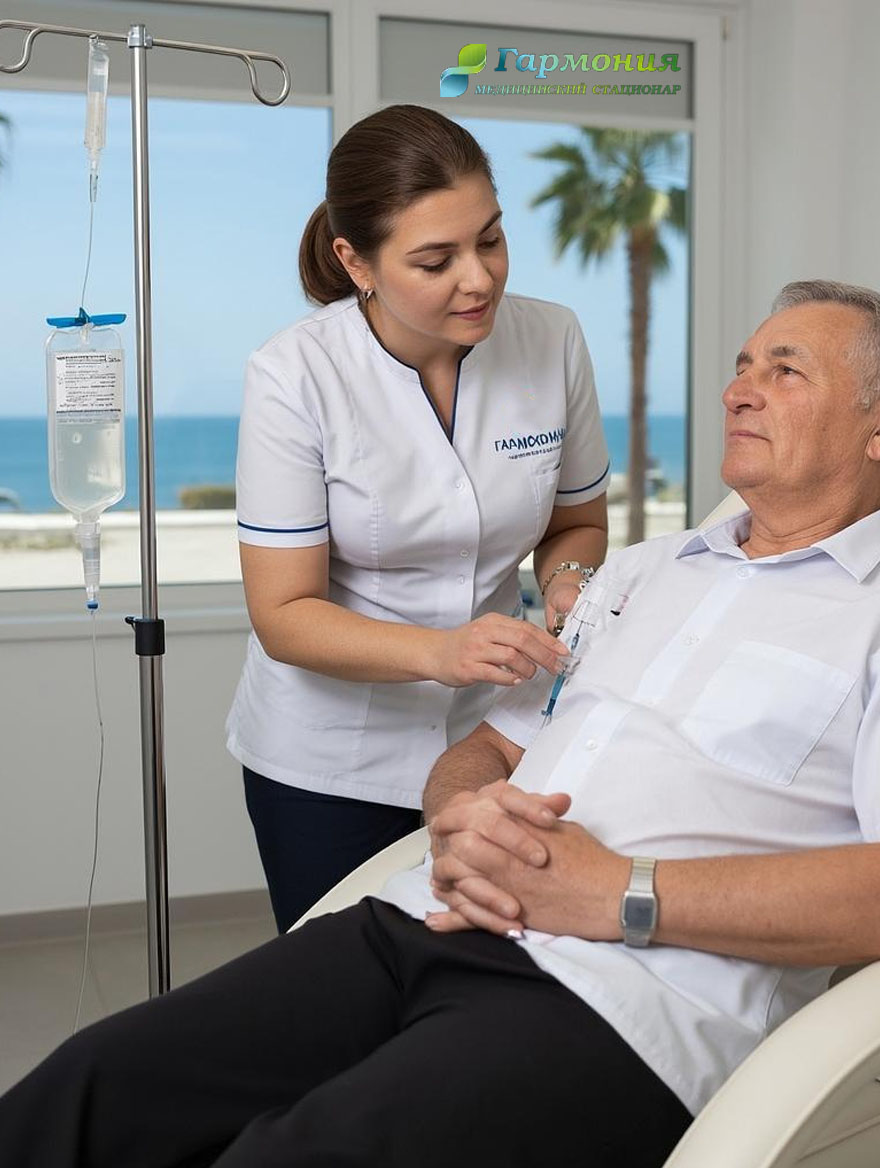 Врач и пациент с капельницей на фоне берега Актобе